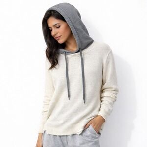 Dance & Marvel Womens Off-White Distressed Mesh Hoodie Sweater Sz L Quiet Luxury